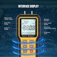 Load image into Gallery viewer, Digital Manometer, Professional Air Pressure Meter Differential Pressure Gauge with Dual Ports, 12 Selectable Units Manometer Gas Pressure Tester HVAC Manometer
