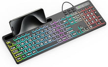 Load image into Gallery viewer, MARVO Large Print Backlit Keyboard, WK712 Wired Computer Keyboard with 7 Colors &amp; 11 Modes Backlight, Silent Light Up Keyboard with Tablet Phone Holder, Full-Size Gaming Keyboard for Windows, Mac
