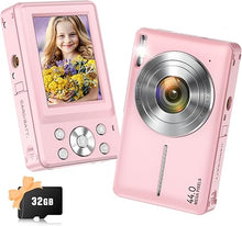 Load image into Gallery viewer, Digital Camera, 2024 Upgraded FHD 1080P Digital Camera for Kids with 16X Zoom, Flashlight, 32GB Card, 44MP Point and Shoot Camera Compact Small Selfie Camera for Girls, Boys, Teens, Students,Pink
