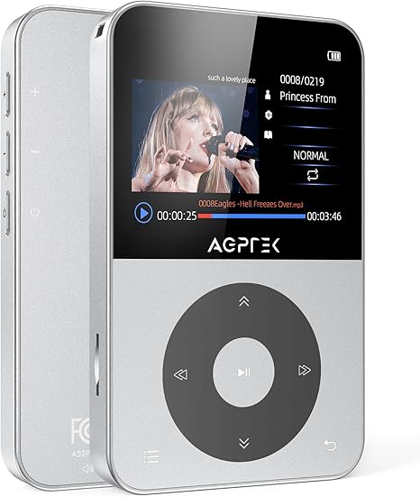 AGPTEK 64GB MP3 Player with Bluetooth, 2.3'' Horizontal Screen Classic Multifunctional Music Player with Speaker, FM Radio, Model: A52, Silver