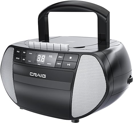 Craig Portable Top-Loading CD Boombox with AM/FM Stereo Radio and Cassette Player/Recorder in Black | Cassette Player/Recorder | LED Display (Black/Gray)