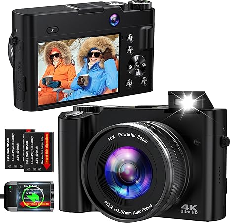 4K Digital Camera for Photography Autofocus 64MP Vlogging Camera for YouTube with Dual Cameras 16X Digital Zoom 4K Compact Travel Video Camera with 32GB SD Card,2 Batteries,Flash, Anti-Shake (Black)