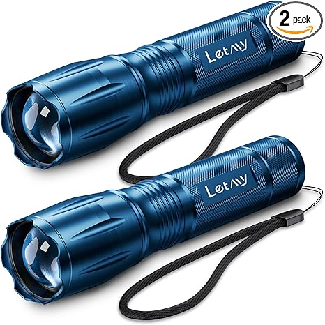 LETMY Tactical Flashlight - 2 Pack LED Flashlights High Lumens - Portable Handheld Flash Light, 5 Modes Zoomable Waterproof Flashlights for Home Emergency Camping- Blue