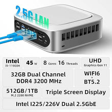 Load image into Gallery viewer, AWOW Mini PC Intel Core i9-11900H(4.9GHz, 8C/16T), 32GB DDR4 1TB M.2 SSD, W-11 Pro Mini Desktop Computer 4K Triple Display, Dual 2.5G LAN, 6 USB Ports, WiFi6, BT5.2, Portable Small PC MGI9
