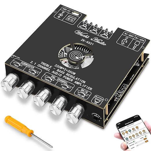 Bluetooth Power Amplifier Board Stereo - HiFi 2.1 Channel 2X220W+350W Bluetooth 5.1 12-38V Digital Power Audio Amplifier Module Subwoofer Control with AUX/Bluetooth/USB Flash Drive (ZK-AS21)