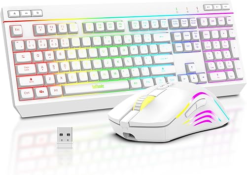 RedThunder K20 Wireless Keyboard and Mouse Combo, Full Size Anti-Ghosting Keyboard with Multimedia Keys + 7D 4800DPI Optical Mice, Rechargeable RGB Gaming/Office Set for PC Laptop Mac Xbox (White)