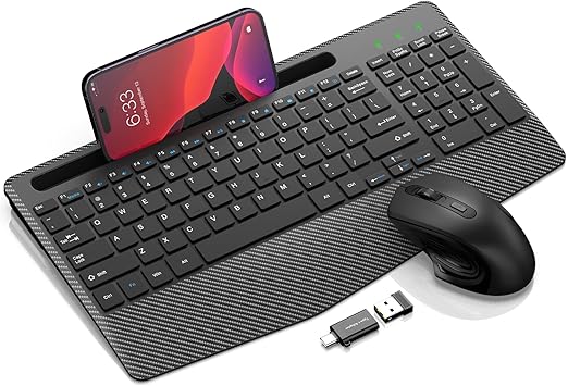 Wireless Keyboard and Mouse Combo, Ergonomic Keyboard with Wrist Rest, Phone Holder, Sleep Mode, 2.4G Lag-Free Rechargeable Compact Silent Cordless Keyboard Mouse for Windows, Mac, Laptop, PC (Black)