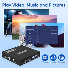 Load image into Gallery viewer, 4K@30hz HDMI TV Media Player with Dual HDMI, One AV/VGA Output, 4K HDMI Splitter Function, Digital MP4 Player for 14TB HDD/512G USB Drive/256G SD Card/H.265 MP4, with Remote Control for MP3 AVI etc
