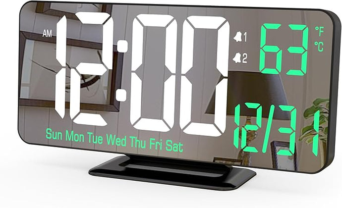 KOSUMOSU Desk Clock 6.7in Black Digital Alarm Clock with Dual Alarm, Dimming, Date, Day of Week, Temp, 12h 24h, Digital LED Clock for Table Decor, Digital Calendar Mirror Clocks Essentials