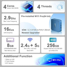 Load image into Gallery viewer, Mini PC, N5095 Desktop Computer, 8GB DDR4X RAM/256GB M.2 2280 SSD+Expandable M.2 2242 SSD+M.2 WiFi, 4K Triple Display with Mouse/USB/BT/LAN/HD/Type-C/Metal Frame, Blue
