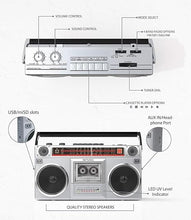 Load image into Gallery viewer, Riptunes Boombox Radio Cassette Player Recorder, AM/FM -SW1/SW2 Radio, Wireless Streaming, USB/Micro SD Slots, Aux in, Headphone Jack, Convert Cassettes to USB/SD, Classic 80s Style Retro, Black
