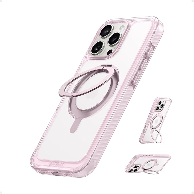 Anker Ultra Magnetic for iPhone Case with Sturdy 360° Ring Stand, Anti-Yellowing and Drop-Proof Crystal-Clear Protective Cover, Compatible with MagSafe (for iPhone 16 Pro Max, Clear Pink)