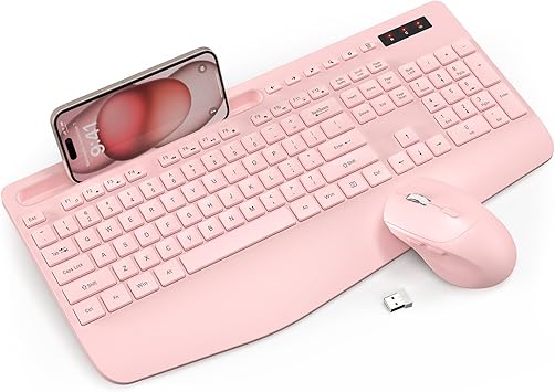 Wireless Keyboard and Mouse Combo - Full-Sized Ergonomic Keyboard with Wrist Rest, Phone Holder, Sleep Mode, Silent 2.4GHz Cordless Keyboard Mouse Combo for Computer, PC, Laptop, Mac, Windows -Trueque