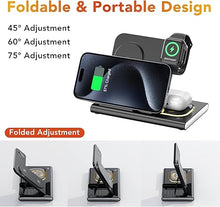 Load image into Gallery viewer, 3 in 1 Foldable Charging Station for Apple Products,Fast Wireless Charger Travel Dock Adapter&amp;Light for iPhone 16/15/14/13/12/11/X/XS,for iWatch 10/9/8/7/Ultra2/Ultra/SE,for AirPods 4/3/2/Pro/2(black)

