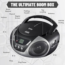 Load image into Gallery viewer, Tyler Portable Boombox CD Player AM/FM Radio Combo, Dynamic Boom Box CD Players for Home/Outdoor Portable Stereo with Speakers, Long Antenna for Best Reception Aux Input/3.5mm Headphone Jack, Silver
