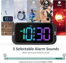 Load image into Gallery viewer, Digital Dual Alarm Clock for Bedroom: RGB Electric Clock with USB Charger for Kids Teens - Dimmable Clock with Weekday Weekend Mode for Bedside Desk
