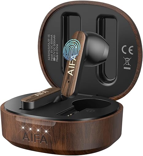 AIFA Wireless Earbuds Bluetooth 5.3 Headphones, Wooden Wireless Earphones 35 Hrs Playtime with Wireless Charging Case with Noise Cancelling Mic for Calls for TV Smart Phone Laptop Computer Sports