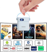 Load image into Gallery viewer, Mini Projector Android TV with Wireless 5G Wifi and Bluetooth,1080P Support ,Portable Pocket DLP Smart Projector for kids Built in Apps, Speaker, Rechargeable Battery, Airplay with remote controller
