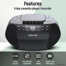 Load image into Gallery viewer, Craig Portable Top-Loading CD Boombox with AM/FM Stereo Radio and Cassette Player/Recorder in Black | Cassette Player/Recorder | LED Display (Black)
