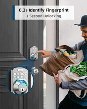 Load image into Gallery viewer, TEEHO TE002K Keyless Fingerprint Deadbolt Door Lock - Smart Lock with Handle and Keypad - Satin Nickel
