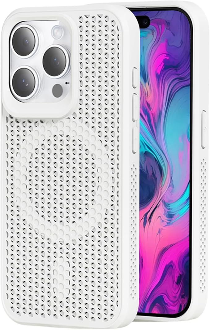 CCSmall for iPhone 16 Pro Heat Dissipation Case with Magnetic Ring, Mesh Breathable Hollow Cellular Hole Slim Phone Case Cover for iPhone 16 Pro SR White