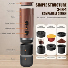 Load image into Gallery viewer, Portable Electric Espresso Machine, 3 in 1 for Ground Coffee &amp; NS Capsule &amp; DG Capsule Mini Coffee Maker, Fast Self Heating, Anti Dry Burning Technology, for Camping Travel RV Hiking Car Office
