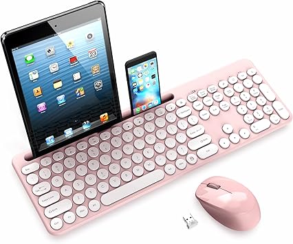 LeadsaiL Wireless Keyboard and Mouse Combo, Full-Sized Ergonomic Computer Keyboard with Phone Tablet Holder, 2.4GHz Silent Cordless Keyboard Mouse Set for Windows Laptop, PC, Desktop - Pink