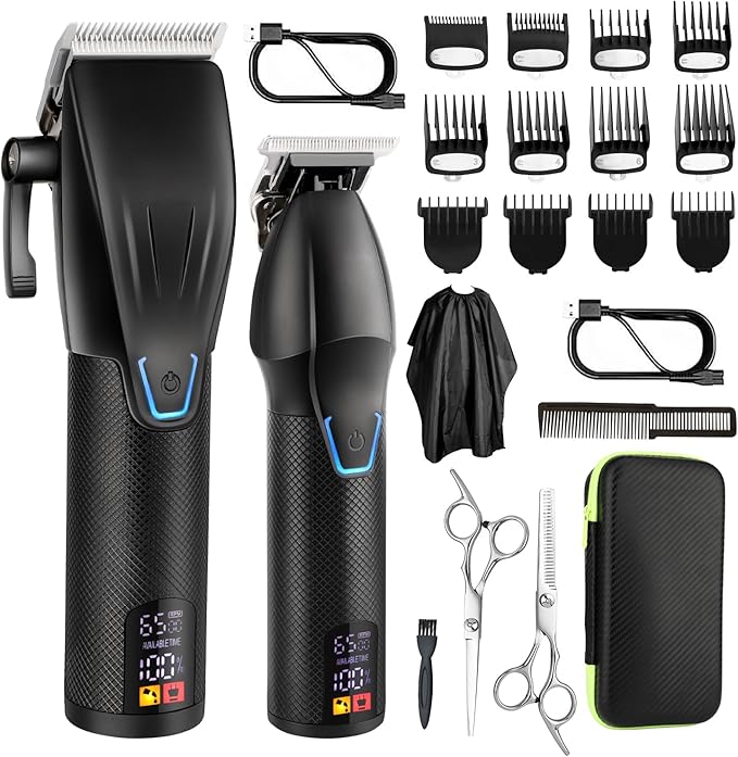 Professional Hair Clippers Trimmer Kit,Cordless Hair Clippers for Men,Barber Fading Clipper and Zero Gap T-Blade Trimmer Set with LED Display for Mens Gifts (Black)