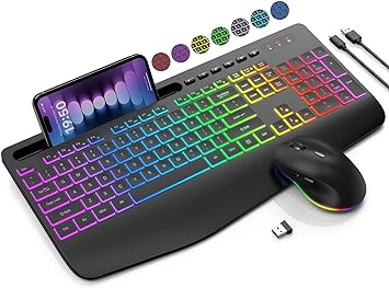 Wireless Keyboard and Mouse Combo, 9 Backlit Effects, Wrist Rest, Phone Holder, 2.4G Lag-Free Ergonomic Keyboards, Rechargeable Silent Cordless Set for Computer, Laptop, PC, Mac, Windows -SABLUTE