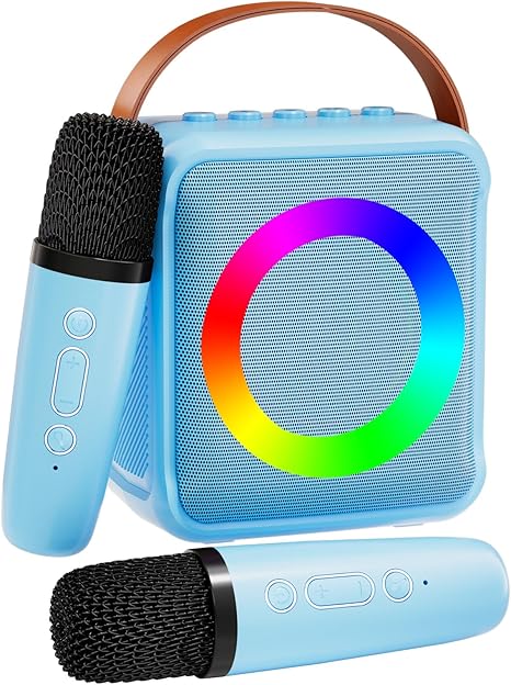 Mini Karaoke Machine for Kids Adults, Portable Bluetooth Speaker with 2 Wireless Microphones, Microphone Speaker Set with LED Lights for Home Party, Birthday Gifts for Girls Boys Kid(Blue)