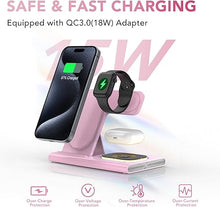 Load image into Gallery viewer, 3 in 1 Foldable Charging Station for Apple Products,Fast Wireless Charger Travel Dock Adapter&amp;Light for iPhone 16/15/14/13/12/11/X/XS,for iWatch 10/9/8/7/Ultra2/Ultra/SE,for AirPods 4/3/2/Pro/2(Pink)
