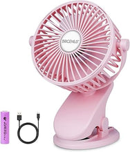 Load image into Gallery viewer, Battery Operated Clip on Stroller Fan, Portable Mini Desk Fan Rechargeable, USB Powered Clip Fan for Baby Stroller Office Outdoor Travel, Pink
