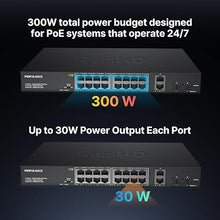 Load image into Gallery viewer, Real HD 16 Port Full Gigabit PoE Switch with 2 *Gigabit SFP Ports &amp; RJ45 Ports, Unmanaged Plug and Play, High Power Total Budget 300W, 803.af/at Compliant, Fanless &amp; Slience, Metal Housing, Rack Mount

