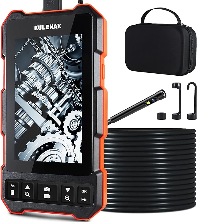 Kulemax Dual Lens Industrial Endoscope Camera, 1080P Digital Borescope Inspection Camera with Light, 4.5 Inch Digital Video, 5.5 mm IP67 Waterproof Scope Camera, 16.5FT Semi-Rigid Cable, 32GB Card