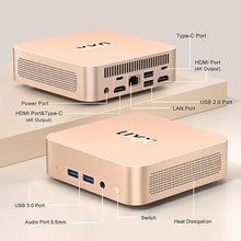 Load image into Gallery viewer, 2023 Latest Mini PC, N5095 Desktop Computer, 8GB DDR4X RAM/256GB M.2 2280 SSD+Expandable M.2 2242 SSD+M.2 WiFi, 4K Triple Display with Mouse/USB/BT/LAN/HD/Type-C/Metal Frame-Gold
