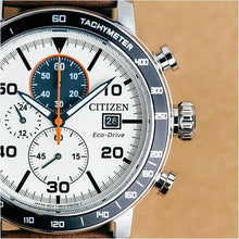 Load image into Gallery viewer, Citizen Men's Eco-Drive Weekender Brycen Chronograph Watch in Stainless Steel, Brown Leather strap, Ivory Dial (Model: CA0649-06X)
