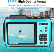 Load image into Gallery viewer, VETEK Underwater Camera, UHD 5K 64MP 16FT Waterproof Digital Camera with WiFi Connection 16X Zoom Selfie Dual Screens Waterproof Camera for Snorkeling with 32GB Card and 1200mAh Battery(Blue)
