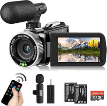 Load image into Gallery viewer, Video Camera Camcorder 4K 60FPS 48MP YouTube Camera with Wireless Lavalier Mic &amp; External Mic for Vlogging, Ultra HD 3“ Screen 18X Digital Zoom Video Recorder Camera with 32GB SD Card, Remote Control
