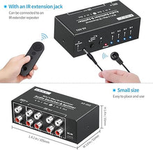 Load image into Gallery viewer, RCA 4-Way Bi-Directional Audio Switcher Splitter, 1 in 4 Out / 4 in 1 Out Stereo L/R Sound Channel Audio Switch Selector Splitter Box with Remote Control for Speakers Headphones Amps (Black)
