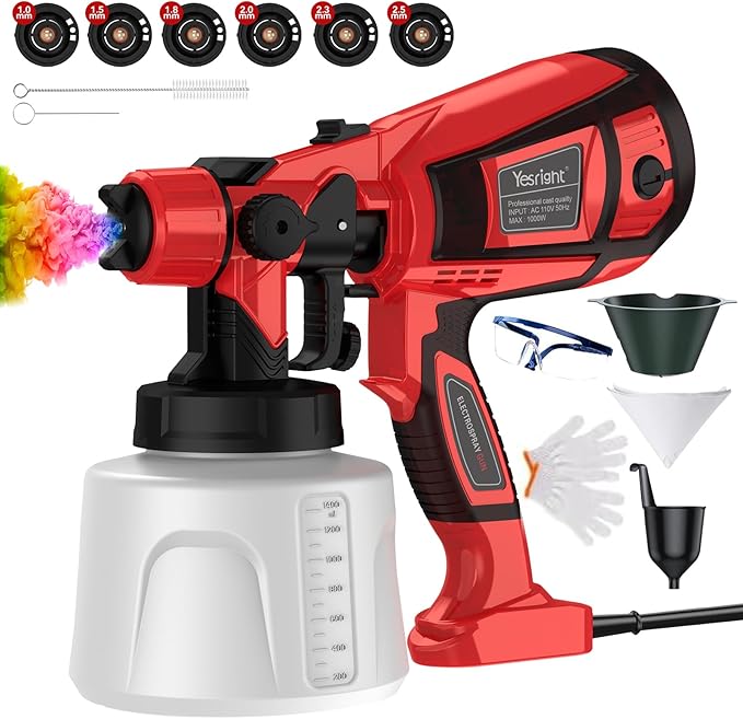 1000W Paint Sprayer for House Painting 32000RPM Spray Paint Gun with Adjustable 3 Patterns, 1400ml High Capacity Electric Spray Gun with 6 Nozzles Goggles for Fence Furniture Cabinets Home