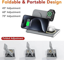 Load image into Gallery viewer, 3 in 1 Foldable Charging Station for Apple Products,Fast Wireless Charger Travel Dock Adapter&amp;Light for iPhone 16/15/14/13/12/11/X/XS,for iWatch 10/9/8/7/Ultra2/Ultra,for AirPods 4/3/2/Pro/2(Gray)
