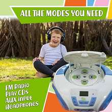 Load image into Gallery viewer, Tunes Kids Boombox CD Player for Kids - NEW 2023 - FM Radio - Batteries Included - Cute white Radio cd Player with Speakers for Kids and Toddlers - Blue
