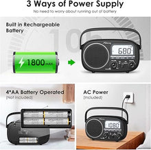 Load image into Gallery viewer, Portable Radio AM FM with Bluetooth,Built-in Rechargeable Battery/Plug in Wall/4*D Cell Battery Operated Radio, Digital Time Display, Transistor Radio for Home,Outdoor,Gift,Seniors Black
