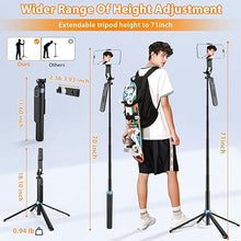 Load image into Gallery viewer, Eocean 71" Tall Selfie Stick Tripod Quadripod with Remote &amp; with 360° Ballhead, Aluminum Alloy Extendable Cell Phone Tripod Stand, Travel Tripod Phone Holder Compatible with iPhone/Android/GoPro

