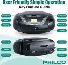 Load image into Gallery viewer, PHILCO Portable Bluetooth Boombox with CD Player | Compatible with MP3/WMA/CD-R/CD-RW | FM Radio | 3.5mm Aux Input | Stereo Sound | LED Display | AC/Battery Powered | Compact and Easy-to-Use
