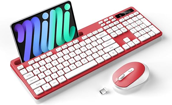 Wireless Keyboard and Mouse Combo, Soueto 2.4G Full-Sized Computer Keyboard with Phone Tablet Holder, 22 Multimedia Shortcuts, Numeric Keypad, 6 Button Silent Mouse for Windows, Mac (Red)