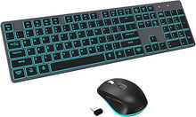 Load image into Gallery viewer, Wireless Keyboard and Mouse RGB Backlit Combo, Slim &amp; Quiet, Rechargeable, Light Up, Jiggler Mouse, Tilt Angle, 2.4GHz Silent Keyboard Mouse for Mac Windows PC Computer, Laptop, Desktop (Space Gray)
