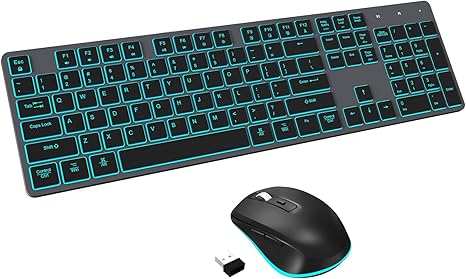 Wireless Keyboard and Mouse RGB Backlit Combo, Slim & Quiet, Rechargeable, Light Up, Jiggler Mouse, Tilt Angle, 2.4GHz Silent Keyboard Mouse for Mac Windows PC Computer, Laptop, Desktop (Space Gray)