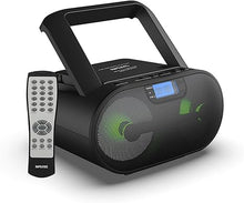 Load image into Gallery viewer, Riptunes Portable CD Player Boombox AM FM Radio, Bluetooth, USB, Aux-Input, MP3 CD Stereo Sound with Bass Boost, Party Lights, Headphone Jack, Backlit LCD Display, with Remote, Black
