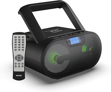 Riptunes Portable CD Player Boombox AM FM Radio, Bluetooth, USB, Aux-Input, MP3 CD Stereo Sound with Bass Boost, Party Lights, Headphone Jack, Backlit LCD Display, with Remote, Black